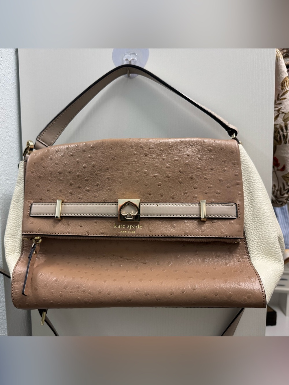 Kate Spade Houston Street Maria Tan ostrich and cream pebble leather